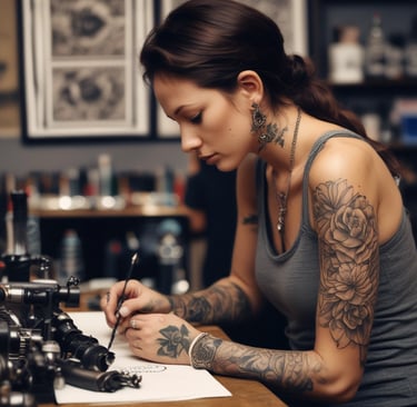 woman with black flower tattoo writing in notepad