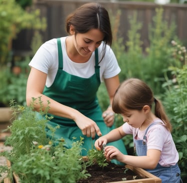 young girl gardening with mum