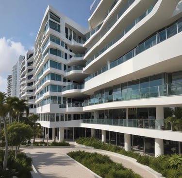 A series of modern, multi-story residential buildings with curved balconies stand under a clear blue sky. The buildings are surrounded by palm trees and are lit by the warm, golden light of the setting sun, casting distinct shadows.