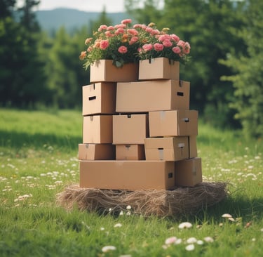 a stack of boxes with flowers on top of it in a meadow