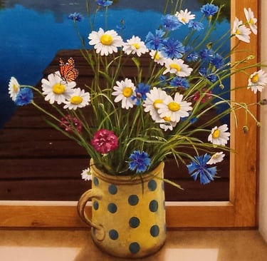 Une peinture de bouquet de fleurs des champs dans un pot d'antan sur le rebord d'une fenêtre ouverte