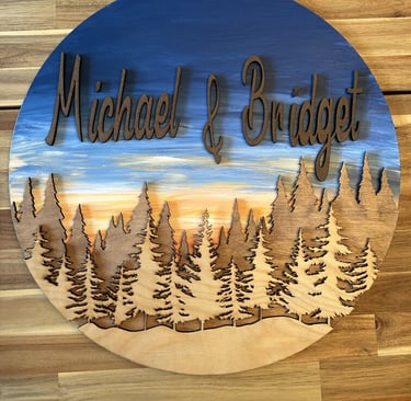 laser cut and painted personalized wooden forest wall or door hanger
