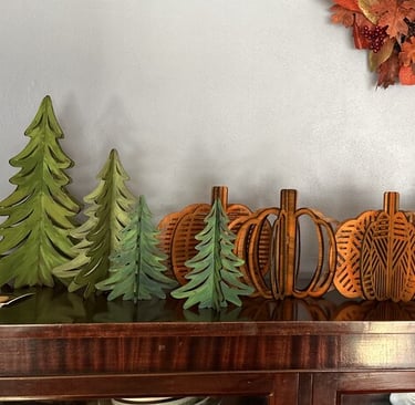 laser engraved and painted slatted tree and pumpkin decorations