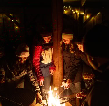 a group of people standing around a bonfire