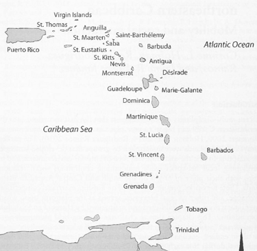 Map of the Windward Islands shows Parker's voyage from Tobago to Montserrat