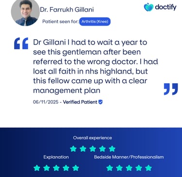 Graphic of patient testimonial praising Gillani Knee Clinic’s knee surgery expertise and care.