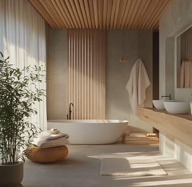 a bathroom with a standing tub neutral colors and wood