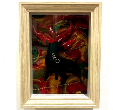Ilona Paris painting, a picture of a picture of a bull with fire