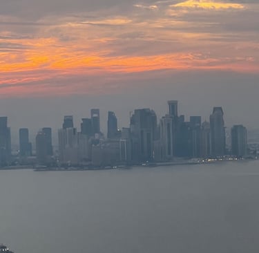 Sky line view of Doha, Qatar at sunset