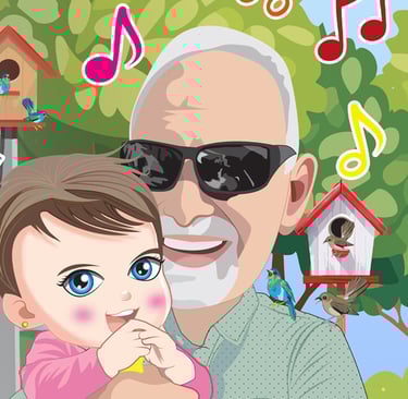 “Grandfather holding a baby with musical notes and birdhouses in a joyful children’s illustration.”
