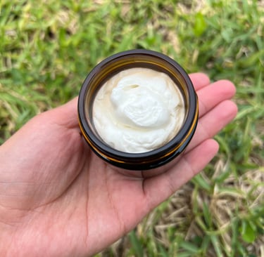 Whipped tallow cream freshly prepared in amber glass jar, eco-freindly skincare handmade by Vacaluna