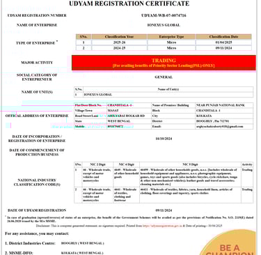 Udyam Registration Certificate of Ionexus Global for government-recognized business registration