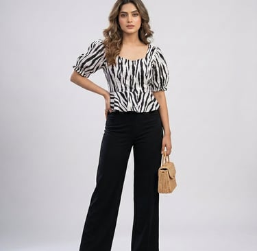 a woman in a zebra print top and pants