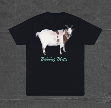 a goat with a goat head and a goat head on a black background, merch, t-shirt, alles tut so weh, exe