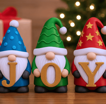 Colorful JOY gnomes in festive scene. 3D printed Christmas décor or holiday table display gift.