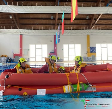 Pool Rescue Drill – Trainee practicing water rescue techniques with a life jacket during a HEMS