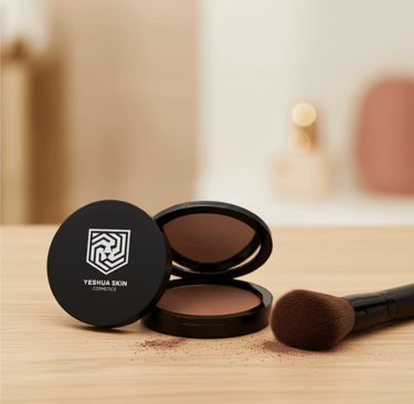 A compact powder from YESHUA Skin Cosmetics with a makeup brush on a wooden table.