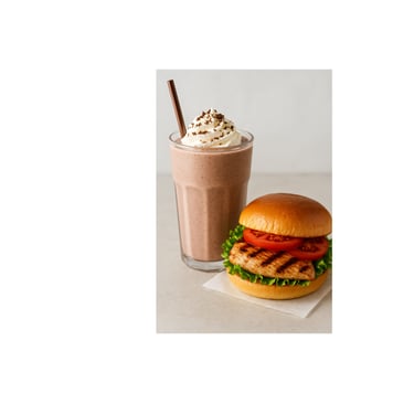 Grilled chicken sandwich with a chocolate shake.