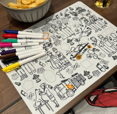 Child learning about doctors and firefighters on Scribbly Kids Community Heroes mat