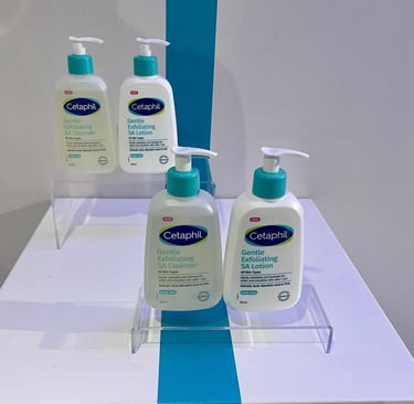 Cetaphil Gentle Exfoliating SA Cleanser and Lotion display.