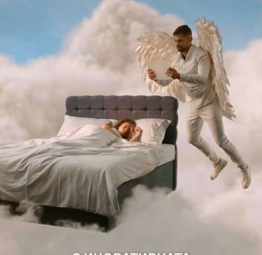 a man in a white suit is flying through the clouds