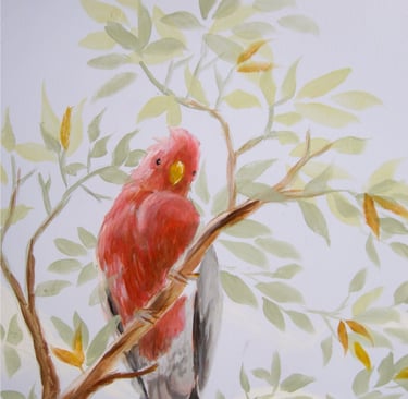 Hand-painted pink galah in eucalyptus branches — detail from Australian nursery mural, soft morning light.