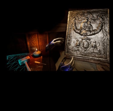 Modello 3D di un'opera d'arte in argento ricostruita tramite fotogrammetria, visualizzata in un ambiente virtuale immersivo