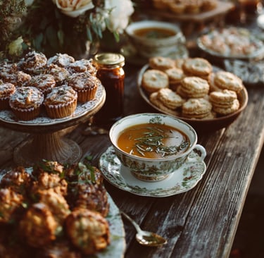 Rustic table setting with assorted pastries, vintage floral-patterned crockery, and a cup of soup.