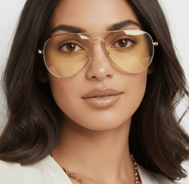 a woman wearing a white shirt and yellow tint sunglasses