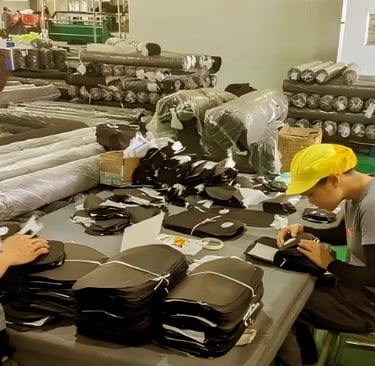 A King Fly team member performing meticulous quality control on a custom bag production line.