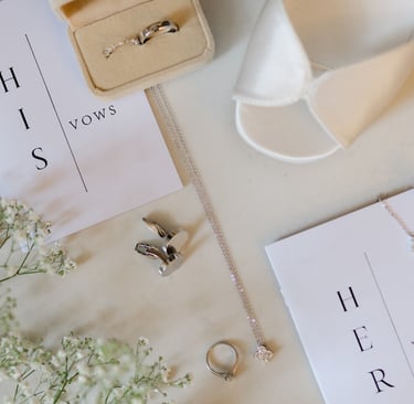 detail photo of vowel book, rings, necklace, cufflinks and shoes