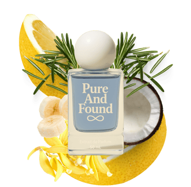 PureAndFound Men’s fragrance bottle with notes of citrus, ginger, coconut, and rosemary.