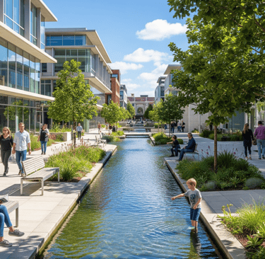 A network of bioswales, permeable surfaces, and stormwater retention basins for water management