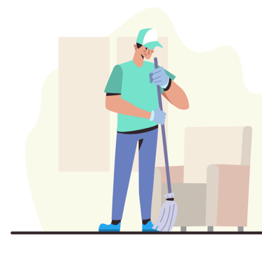 a man in a green shirt is holding a broom and a broom