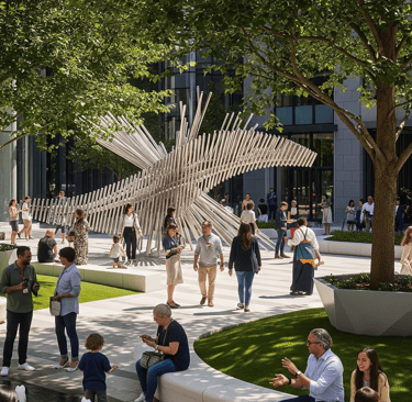 Elevated “Flight Path” Sky Bridges: Publicly accessible bridges between buildings that symbolize fli