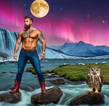 a man with a no shirt and tattoos and a full moon