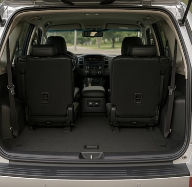 Interior da Mitsubishi Pajero Full visto do porta-malas até o painel frontal com bancos em couro
