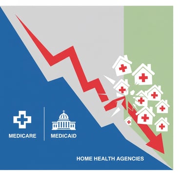 Graph showing declining Medicare and Medicaid reimbursement rates with downward trending arrows and 