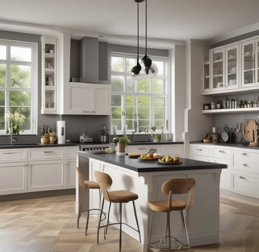 a kitchen with a large island and a bar stool