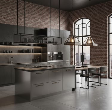 Cocina moderna a medida, isla en acabado industrial