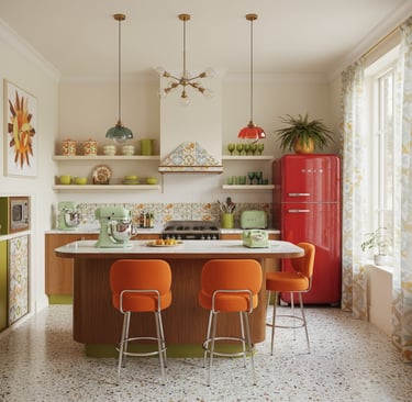 Cocina moderna retro a medida y azulejos, isla en acabado mármol