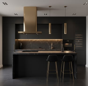 Cocina de lujo moderna dark luxe a medida con isla en acabado mármol negro