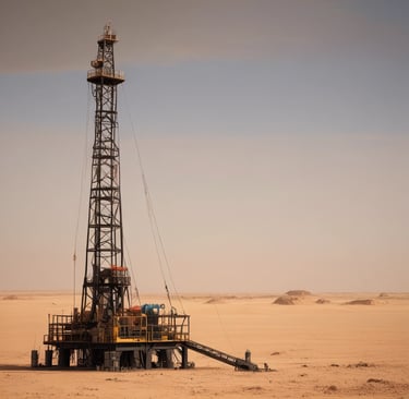 A large industrial drilling machine is positioned in a rocky, barren landscape. The machine is predominantly yellow with visible branding and is equipped for deep drilling. A person wearing a hard hat and protective gear is walking nearby, highlighting an industrial or mining environment. The sky above is clear and blue.