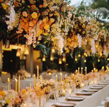 a long table with candles and candles on it