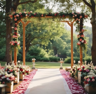 a wedding ceremony canopy with a wooden frame decorated with flowers
