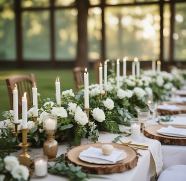 A serene outdoor gathering with guests seated on textured blankets surrounded by lush greenery.