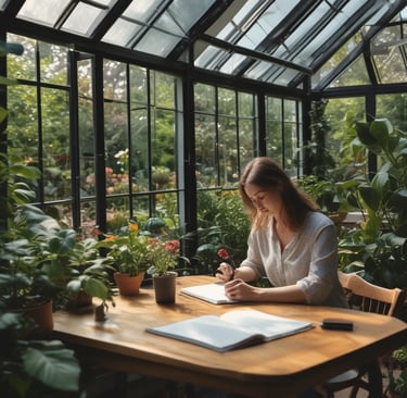 woman sat down in garden conservatory