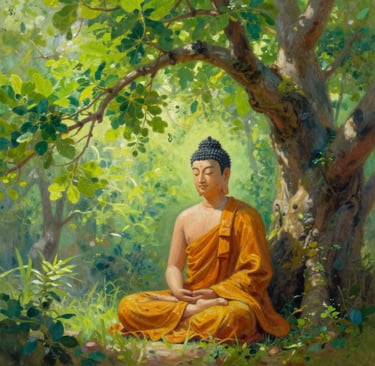 Buddha meditating under Bodhi tree demonstrating spiritual awakening path to enlightenment