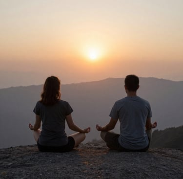 Silhouettes meditating at sunset supporting mindfulness practice for spiritual awakening 