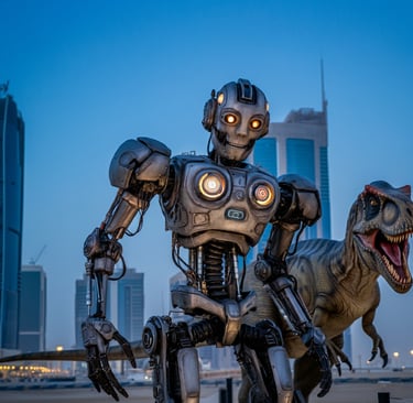 a robot like robot with a dinosaur in the background